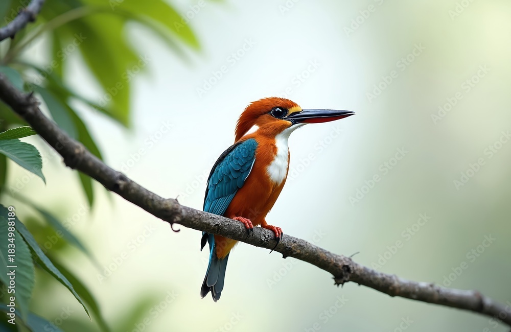 Obraz premium Colorful bird with orange head, white chest, blue wings perches on bare tree branch. Micronesian Kingfisher stands still in natural habitat. Wild avian creature looks ahead, observing forest