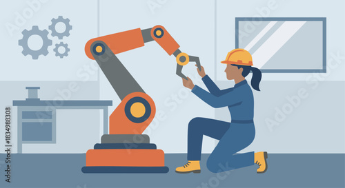“Flat vector illustration of an engineer adjusting a robotic arm, solid color palette, clean geometric shapes, minimal industrial background.”