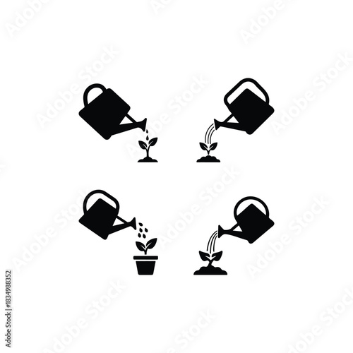 Nurturing Life: A set of simple yet powerful illustrations depicts the essential process of nurturing growth, showcasing the act of watering a plant. 