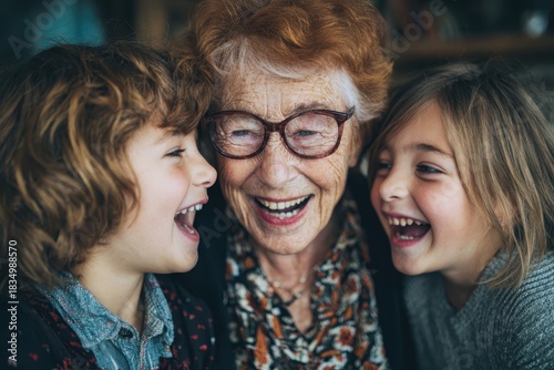 Grandmother enjoying joyful moments with her grandchildren in a cozy indoor setting filled with laughter and warmth during a bright afternoon