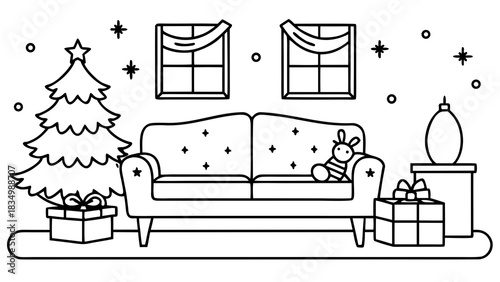 Festive living room with christmas tree and cozy couch