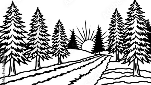 A scenic pathway through a forest at sunrise