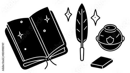 Open book with quill and inkwell