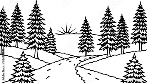 A winter landscape with pine trees and a rising sun