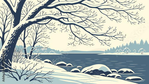 Winter landscape with snowcovered trees and a frozen lake view