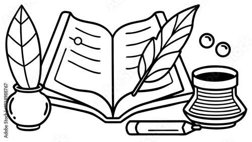 Open book with quill and inkwell
