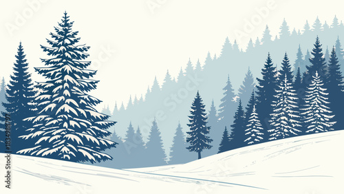Snowy winter landscape with evergreen trees