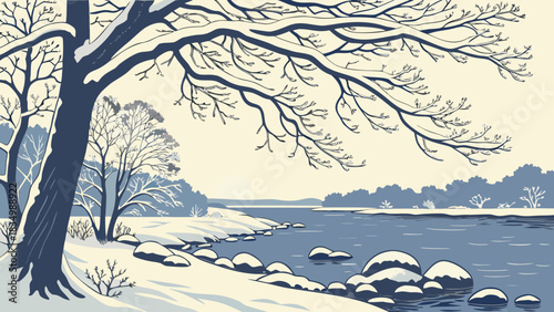 Winter landscape with snowcovered trees and a frozen river scene