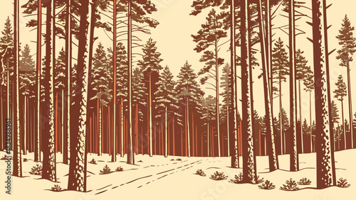 A serene forest scene with tall trees and a snowy ground cover