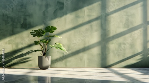 Minimalist Green Plant in White Pot on Sunlit Floor Against Textured Wall