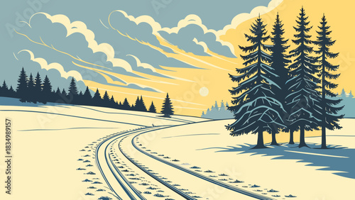 Winter landscape with snowcovered field and evergreen trees