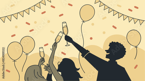People celebrating with champagne under confetti and balloons