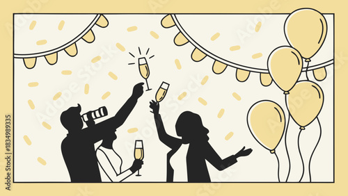 People celebrating with champagne and balloons on a festive occasion