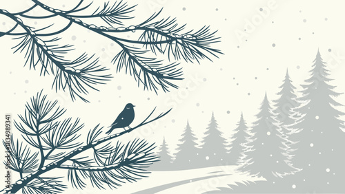 A bird perched on a pine branch in a snowy winter forest