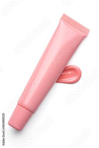 pink lip tint texture, cosmetics beauty product texture, liquid blush, lipstick, lip gloss swatches, package tube on white