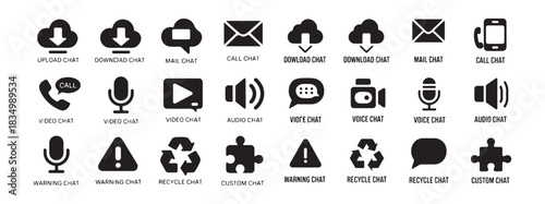 Set of modern chat icons upload download mail call video audio voice warning recycle custom chat bubble elements