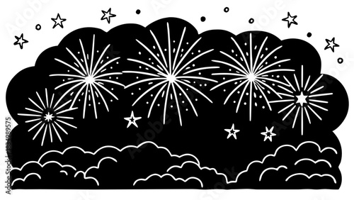 Fireworks exploding in the night sky with stars and clouds