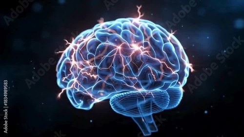 Blue Digital Brain Surrounded By Dynamic Glowing Neural Energy Pathways