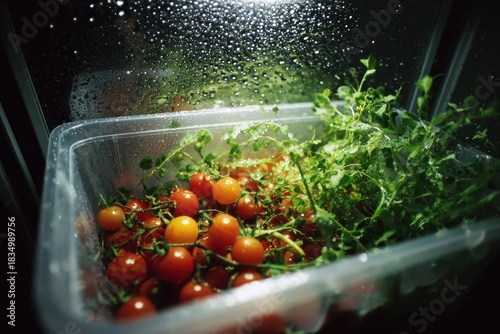 Fresh Tomatoes And Greenery Inside A Clear Plastic Container In Dim Lighting