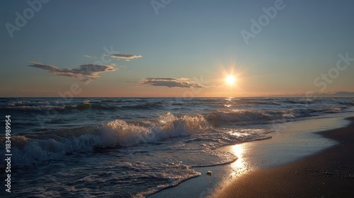 Golden Sunset Reflections On Ocean Waves Along Sandy Beach