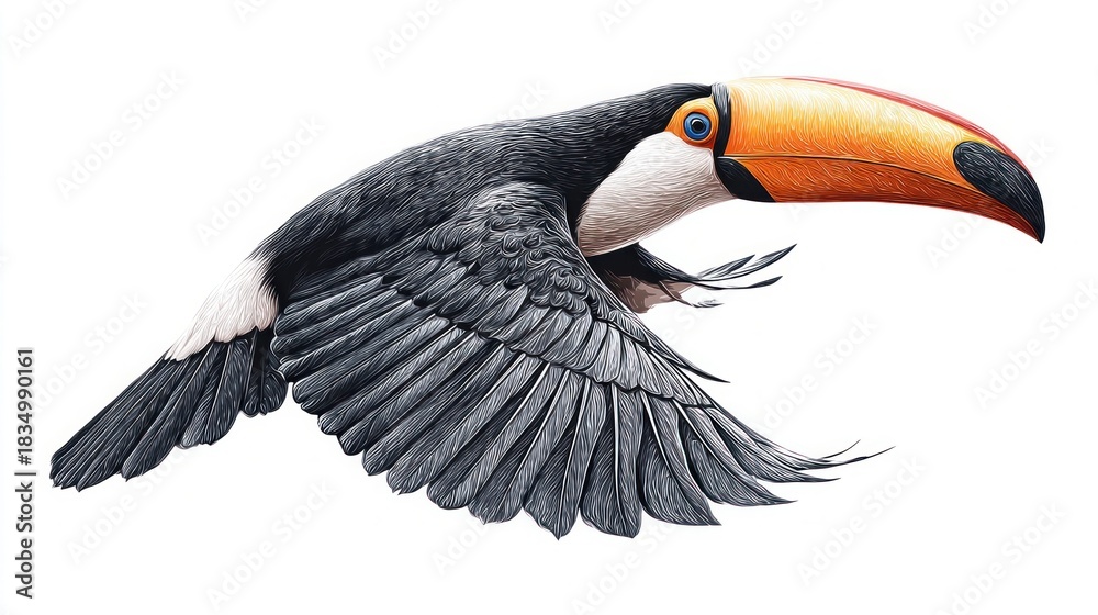 Obraz premium Colorful toucan bird in flight against a clean white background
