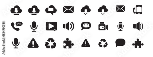 Universal black vector icons set. download, cloud, mail, phone, call, microphone, play, volume, chat, camera, puzzle, alert