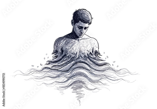 Monochrome sketch of a mans upper body dissolving into water waves