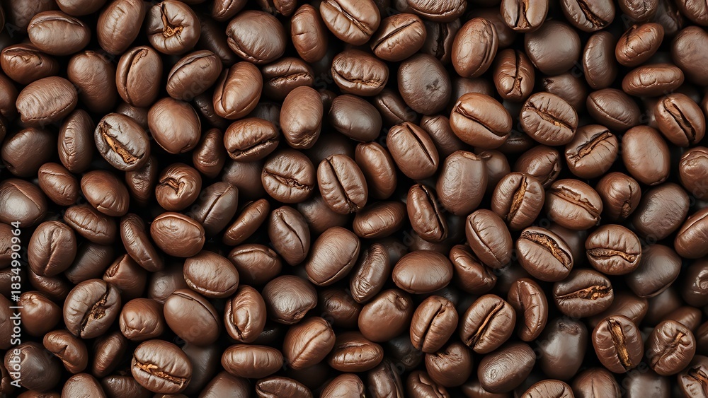 Naklejka premium robusta. A detailed close-up view of coffee beans, showcasing their rich texture and warm tones. bar promotions, beverage menus, designed for food & beverage menus and cafe branding.