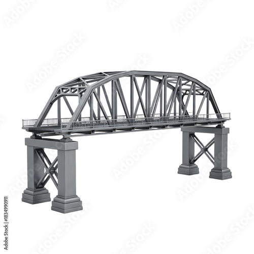 Detailed Gray Truss Bridge Structure on White Background.