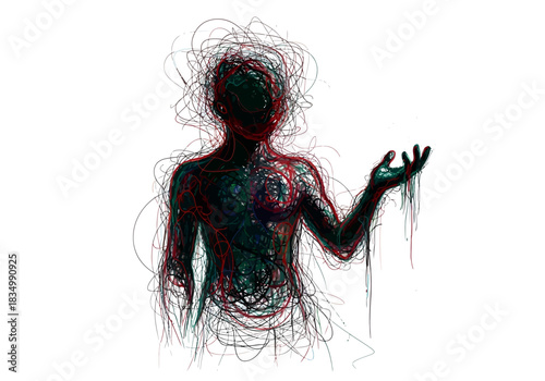 Silhouette figure composed of chaotic tangled lines in dark colors one hand outstretched