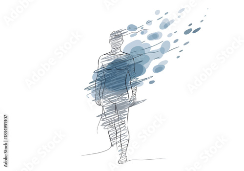 Sketch of a figure dissolving into blue oval shapes blowing away to the right