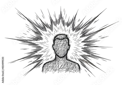 Sketch of a figure with a scribbled face radiating shockwaves outward