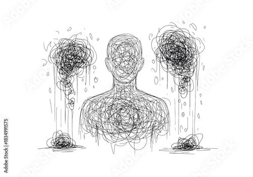 Sketch of a head and torso filled with scribbles flanked by two cloudlike scribbles dripping down