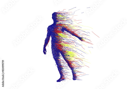 Stylized silhouette of a human dissolving into colored streaks