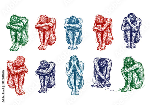 Ten figures in fetal positions drawn in scribble style colored red blue and green