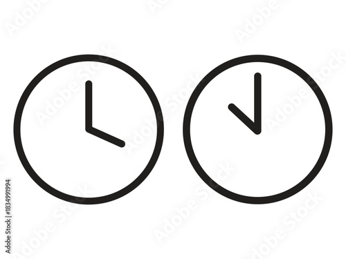 Two simple black line icons of analog clocks showing different times, isolated on white background.