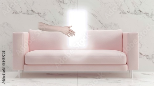 Minimalist Pink Sofa with Hand Reaching Towards Bright Light on Marble Wall