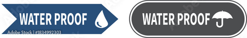 Two waterproof labels in blue and gray showcasing water resistance and protection against liquids and rain