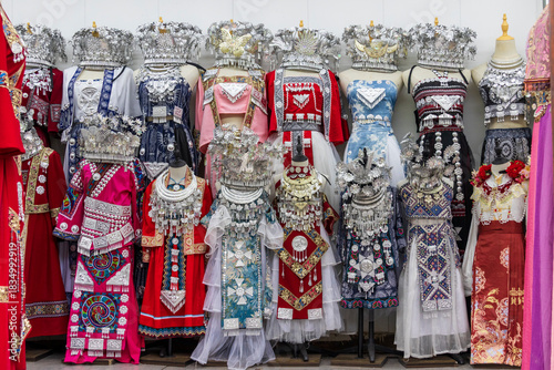 Fenghuang, Hunan, China.11-04-2024. Traditional costumes in a shop in Fenghuang City, Hunan Province, China