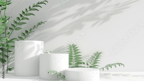 Minimalist White Display Pedestals with Green Foliage in Bright Studio