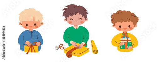 Christmas people set. Happy men  celebrating New Year and Xmas holidays with gift box, present, festive cake and fir tree in hands. Flat vector illustrations isolated on white background