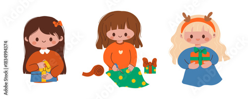 Christmas people set. Happy   women celebrating New Year and Xmas holidays with gift box, present, festive cake and fir tree in hands. Flat vector illustrations isolated on white background