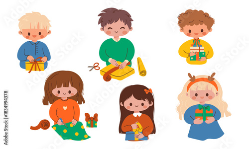Christmas people set. Happy men and women celebrating New Year and Xmas holidays with gift box, present, festive cake and fir tree in hands. Flat vector illustrations isolated on white background