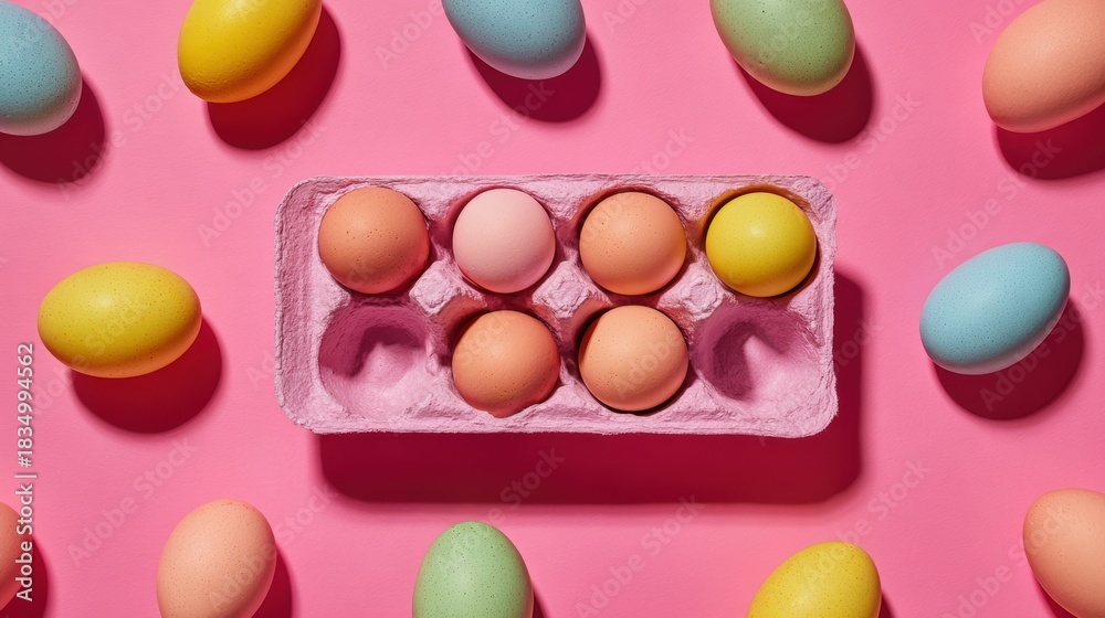 Obraz premium Pastel-colored eggs arranged artfully on a pink background, Easter theme.