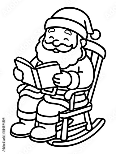 Santa Reading a Book: A charming illustration shows Santa Claus, engrossed in a book, seated comfortably in a rocking chair, evoking a sense of calm and the magic of Christmas.