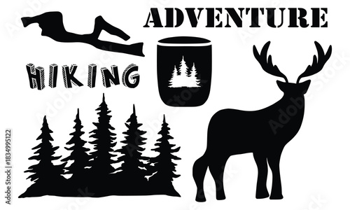 Camping and hiking logo black white elements. Outdoor adventure emblems log. Tourist tent, forest, camp, trees and wild animals. For Camp badges, labels. Doodle vector illustration