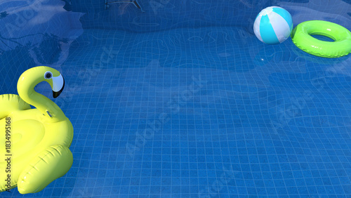 Summer time, image of swimming pool with swim ring and swim ball floating on clear pool water that reflected bright clear sky above.