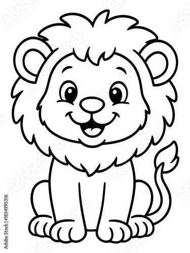The Friendly Lion Cub: A charming lion cub, sitting in an upright position, captivates with its endearing smile and captivating eyes, a portrait of joy. 