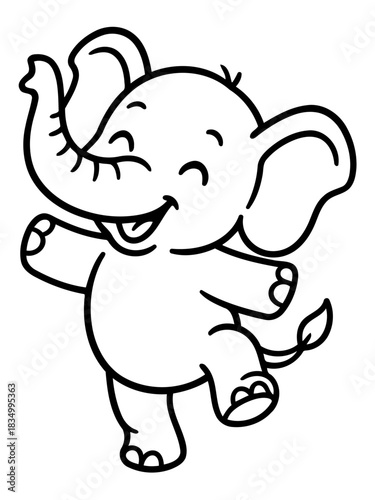 Joyful Elephant Silhouette: A delightful cartoon elephant, rendered in a clean silhouette style, joyfully dances, embodying the pure, innocent happiness of childhood.