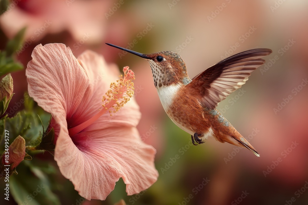 Naklejka premium Close-up view of a hummingbird feeding on hibiscus flower in a garden during daytime, capturing vibrant colors and intricate details of nature's beauty